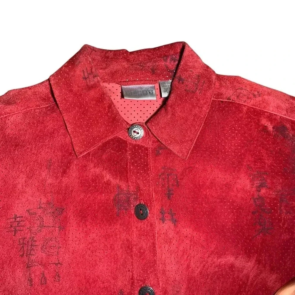 CHICO'S Leather Suede Shirt Jacket Womens Size 1 (Medium) Red Black Asian Print - Picture 4 of 8